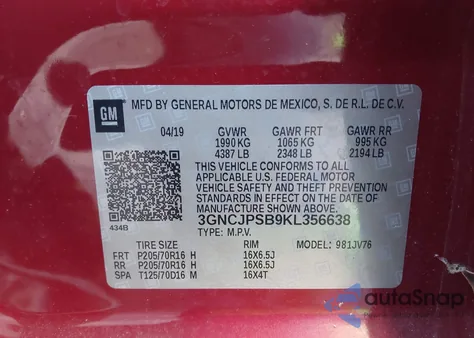 2019 Chevrolet Trax Lt from USA, damaged, VIN 3GNCJPSB9KL356638